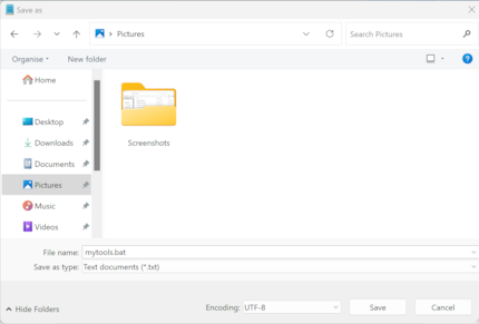 Het bestand moet worden opgeslagen met «.bat», anders werkt het niet.