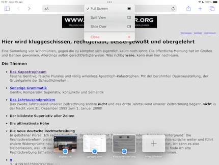 Oben das kleine Multitasking-Menü, unten die verschiedenen Fenster der App.