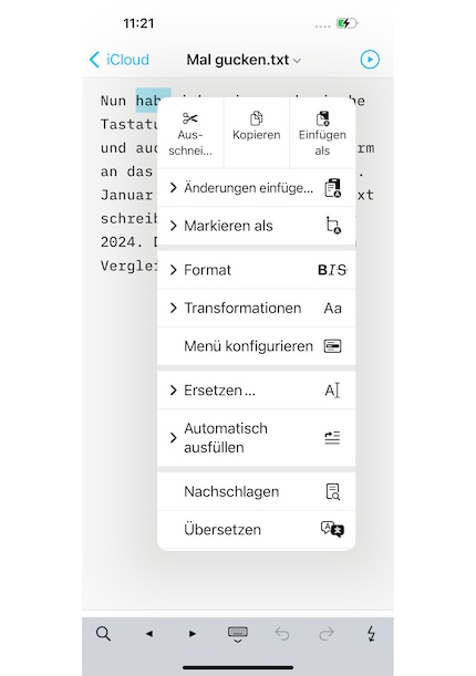 Der iA Writer hat nicht nur richtige Kontextmenüs, sie sind auch konfigurierbar.