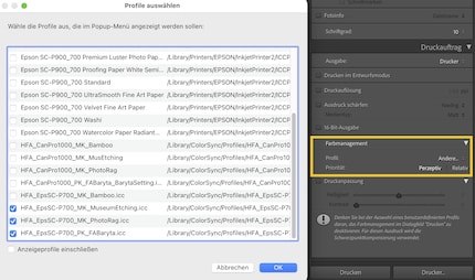 Lightroom vous permet de choisir dans la liste des profils installés ceux à afficher dans la gestion des couleurs.