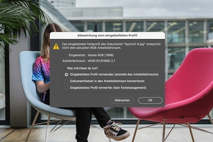 Si l’espace colorimétrique de la photo et l’espace de travail ne correspondent pas, Photoshop vous propose plusieurs options.
