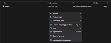 Im Ordner des gespeicherten Files öffnest du mit einem Rechtsklick das Kontextmenü.