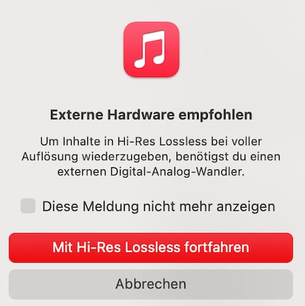 Für Hi-Res-Lossless empfiehlt Apple Music einen externen DAC-Wandler.